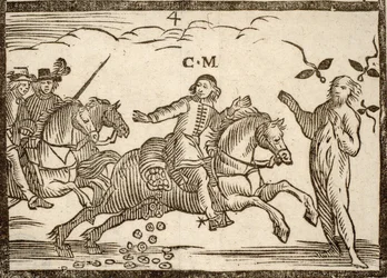 Folletos políticos, mazarinadas: Mazarin deja caer escudos durante su huida; la sombra de Concini, mariscal d