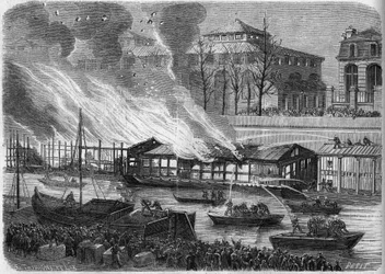 Bomberos intentando apagar el incendio de los barcos Escuela de natación en el canal Saint Martin en París, el 5 de enero de 1864. Grabado en "Le Monde Illustré" n°553 del 16 de enero de 1864.