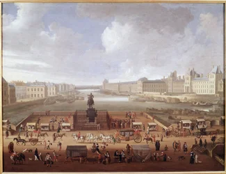 Pont-Neuf, París, visto desde la entrada a Place Dauphine mostrando el Colegio de las 4 Naciones, Quai Malaquais y el Louvre