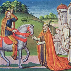 El Papa Adriano I se encuentra con Carlomagno, miniatura de las "Crónicas de Francia", impresa por A.Verard, París