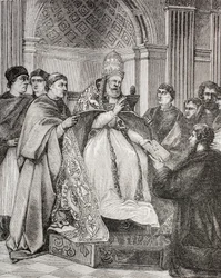 El Papa Gregorio IX entregando las Decretales a un abogado del Consistorio, de 