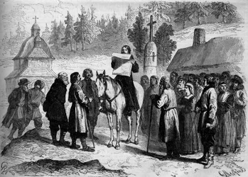 El Papa traduciendo y leyendo un ukase (oukase) del Emperador de Rusia (Alejandro II) a campesinos analfabetos polacos