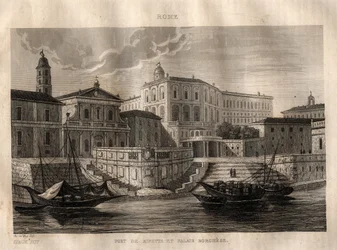 Porto di Ripetta y Palazzo Borghese - Roma - Grabado de “Italia Pintoresca” - Pintura Histórica y Descriptiva de Italia por M. de Norvins, Ch. Nodier 1834-1836