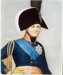 Retrato del zar Alejandro I Pavlovich (1777-1825) (Retrato del emperador Alejandro I). Viste la faja azul de los Caballeros de la Orden del Espíritu Santo y la insignia bordada de la Orden Imperial de San Andrés. Obra de un maestro francés, litografía mi