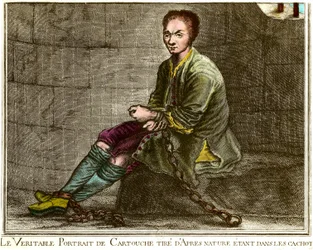 Retrato de cuerpo entero de Louis Dominique Cartouche (1693-1721), bandido francés en su calabozo. Grabado del siglo XVIII Colección privada