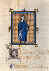 Retrato de cuerpo entero de san Luis en majestad (Luis IX) (1214-1270). Miniatura tomada del «Registro de ordenanzas de la Casa del rey». París, Archivos Nacionales