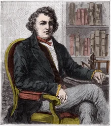 Retrato de Andre Marie Ampere (1775-1836) físico francés - Andre-Marie Ampere (1775-1836), físico francés y pionero de la electrodinámica - Grabado en “Ciencias al alcance de todos - física y química populares” por Alexis Clerc - Finales del siglo XIX