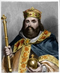 Retrato de Carlos III el Gordo (839-888) Emperador de Occidente (881 - 887) y Regente de Francia (884 - 887) - en “Historia de los Franceses” por Lavallee, grabado, sd.