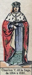 Retrato de Carlos V de Francia, conocido como Carlos el Sabio (1338-1380) (dinastía de los Capetos). Ilustración de finales del siglo XIX.