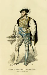 Retrato de Claude de Lorraine (1496-1550), Primer Duque de Guisa. Grabado en color, en “Francia y los franceses a través de los siglos” de Augustin Challamel, editor F. Roy, París 1882. Colección Selva