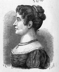 Retrato de Elisa Garnerin, sobrina de Garnerin, quien probó el paracaídas inventado por este último - en "Álbum de Ciencia; eruditos ilustres; Grandes descubrimientos" 1896