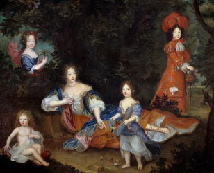 Retrato de Francoise Athenais (Francoise-Athenais) de Rochechouart Mortemart, marquesa de Montespan (o Madame de Montespan) (1640-1707) y sus hijos el duque de Maine, el conde de Vexin, la señorita de Tours y la señorita de Nantes Pintura de la Escuela Fra
