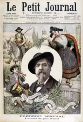 Retrato de Frédéric Mistral, rodeado de personajes provenzales (guardia, fifre y Mireille) - en "Le Petit journal" del 28/12/1904 (grabado)