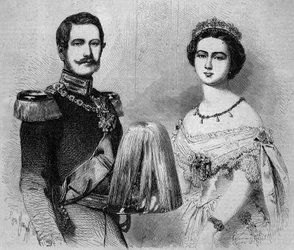 Retrato de Federico Guillermo de Prusia (1831-1888, futuro Federico III, Rey de Prusia y Emperador Alemán) y su prometida, la Princesa Victoria de Inglaterra (1840-1901). Grabado en "Le Monde Illustré" n°41 del 23 de enero de 1858.