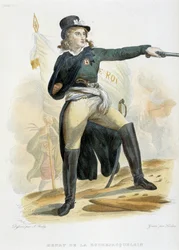 Retrato de Henri du Vergier, conde de La Rochejaquelein (u Orchard de La Rochejacquelein) (1772-1794) con la bandera "live le roi" (en el pecho la insignia de los Vendeens) - en "Le Plutarque Français" de Mennechet, Volumen 8 1841