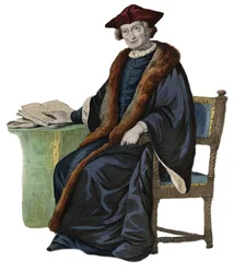 Retrato de Jacques Auguste (Jacques-Auguste) de Thou (Thuanus) (1553-1617), historiador francés, coleccionista de libros y presidente del Parlamento de París. Ilustración de “Le Plutarque Francais” por Edmond Mennechet