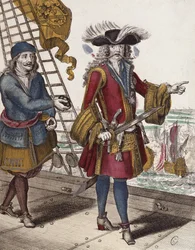 Retrato de Jean Bart sosteniendo una mecha encendida en su boca durante un encuentro naval