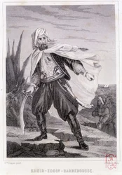 Retrato de Kheir - Eddin - Barbarroja, pirata turco del siglo XVI - en "Historia de los piratas y corsarios del Océano y del Mediterráneo" por P. Christian, París, ed. D. Cavaillès, Volumen 1