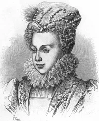 Retrato de Margarita de Valois conocida como la Reina Margot (1553-1615) esposa de Enrique IV. En “Histoire Populaire de la France”, c. 1885. Grabado