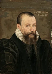 Retrato de Michel Eyquem de Montaigne (1533-1592), a los 57 años, pequeña figura de medio cuerpo, con traje negro y cuello blanco
