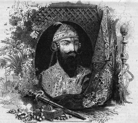 Retrato de Nana Saheb (Nana Sahib) (cuyo verdadero nombre era Dhundu Pant) (ca. 1820-?), líder de la revuelta anticolonial de los cipayos en la India. Grabado en «Le Monde Illustré» n.º 331 del 15 de agosto de 1863.