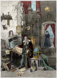 Retrato de Nostradamus, Michel de Notre Dame (1503-1566) astrólogo y médico francés con Catalina de Médicis (1519 - 1589) - siglo XIX (grabado)
