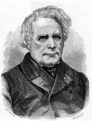 Retrato de Ruhmkorff Heinrich Daniel (1803 - 1877), constructor de instrumentos de física (el aparato de inducción), mecánico y electricista alemán - en “Álbum de Ciencia; científicos ilustres; Grandes descubrimientos” 1896