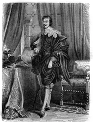 Retrato de Thomas Wentworth (1593-1641), Conde de Strafford, estadista inglés, Caballero de la Jarretera y figura importante en los eventos que condujeron a la primera revolución inglesa. Grabado en “Historia de los Papas (...) Crímenes de la Reina Rey y E