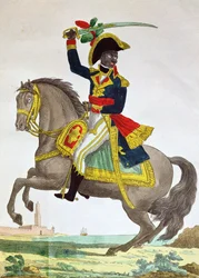 Retrato de Toussaint Louverture (1743-1803) a caballo, principios del siglo XIX (grabado en color)