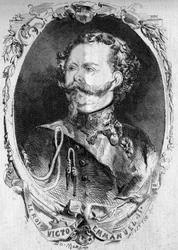 Retrato de Victor Emmanuel II (Vittorio Emanuele) (Victor-Emmanuel) (1820-1878), Rey de Cerdeña y futuro Rey de Italia. Grabado en “Le Monde Illustré” n°95 del 5 de febrero de 1859.