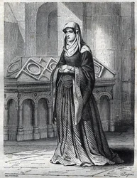 Retrato de la monja benedictina que habría sido la amante y hermana del Papa Gregorio XII y la madre de Eugenio IV (Gabriele Condulmer 1383-1447). Grabado en “Historia de los Papas (...) Crímenes de los Reyes y Emperadores a través de los siglos” por Mauri