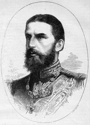 Retrato del príncipe de Rumania Carlos de Hoenzolern Sigmaringer (1839-1914), futuro rey bajo el nombre de Carlos I (Carol I). Grabado en "Le Monde Illustré" n°1054 del 23 de junio de 1877