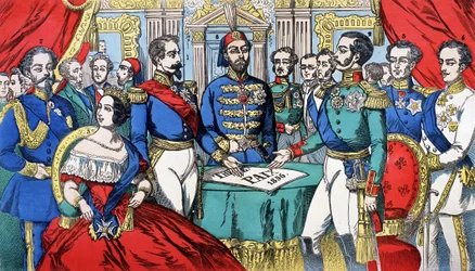 Retrato de los soberanos de Europa durante el Tratado de Paz en 1856: de izquierda a derecha, Víctor Manuel II (Víctor Manuel) (Vittorio Emanuele), Rey de Cerdeña, Victoria, Reina de Inglaterra, Napoleón III, Emperador Turco, Alejandro II, Rey de Rusia