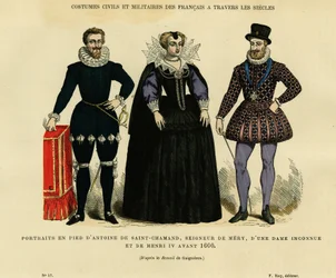 Retratos anteriores a 1600, de Antoine de Saint Chamand, señor de Mery sur Oise, y del rey de Francia Enrique IV (1553-1610), rodeando a una mujer desconocida. Grabado en colores según el dibujo de Gaignieres, en "France et les francais à travers les siecl
