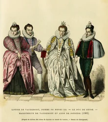 Retratos en 1581, de Louise de Vaudemont (1553-1601), Reina de Francia, esposa de Enrique III (1551-1589), del tercer Duque de Guisa, Henri I, conocido como el Balafré (1549-1588), de Margarita de Lorena (1564-1625) hija del Conde de Vaudemont (Nicolas)