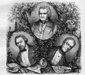 Retratos de Jean Baptiste Antoine Lassus (1807-1857), arquitecto francés (izquierda); Charles Lacretelle Jeune (1766-1855), historiador y abogado francés (centro); y el Barón Auguste Gaspard Louis Desnoyers (1779-1857), grabador francés. Grabado de 1858