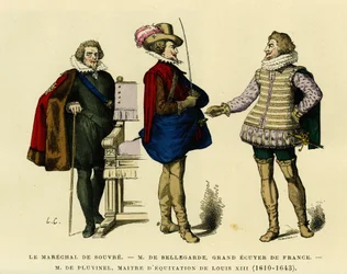 Retratos del mariscal de Souvre (fallecido en 1626), de Roger de Saint Lary, duque de Bellegarde (1562-1646), Gran Ecuyer de Francia y de Antoine de Pluvinel (1556-1605), Maestro de Equitación de Luis XIII (1610-1643). Grabado en color, en "France et les f