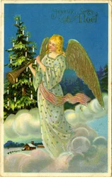 Postal, felicitación navideña: ángel con trompeta sobre nubes. Principios del siglo XX.