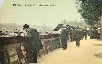 Postal que representa a los Bouquinistes a lo largo de la orilla izquierda del Sena, París, antes de 1914