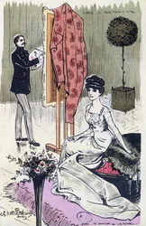 Postal que representa a un pintor de retratos de moda en el trabajo, 1910