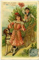 Postal, por favor acepte, deseos de los niños y flores de primavera
