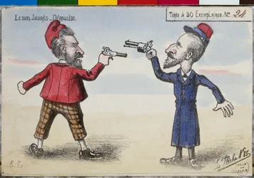 Postal del duelo entre Paul Déroulède y Jean Jaurès, diciembre de 1904