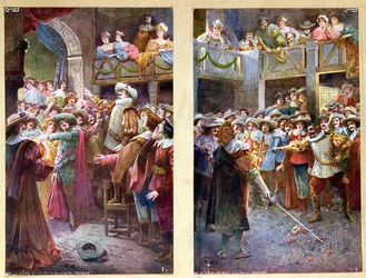 Postales que representan a Cyrano de Bergerac y el Duelo en el Hotel de Bourgogne, c.1900