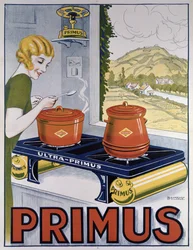 Póster publicitario del hornillo Primus, impreso por Dampenon & Elarue