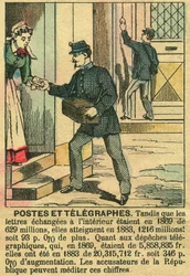 Correos y telégrafos, ilustrando el buen funcionamiento de las telecomunicaciones y la Oficina de Correos gracias a la República. Grabado, en "Le Figaro, suplemento", el 30/03/1889, París. Coll. Selva.