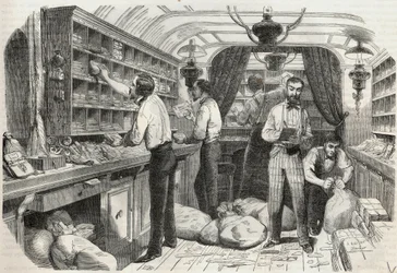 Correos: interior de la oficina ambulante - Grabado en "Tableau-de-Paris" por Edmond Texier 1852
