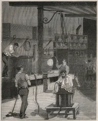 Cerámica, Manufactura de Sèvres: taller de colado al vacío y aire comprimido. Grabado de 1885 en 