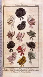 Moda del primer imperio: diferentes modelos de sombreros de mujer, casco de terciopelo, sombreros de satén, sombrero y condones. Grabado de 1811