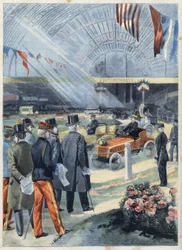 El Presidente de la República de Francia Émile Loubet (1838-1929) en la exposición de alcohol industrial en la galería de máquinas en el Champ de Mars en París, en "Le Petit Parisien"