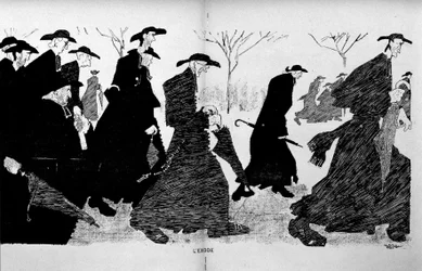 Sacerdotes en columnas huyendo (separación de Iglesia y Estado) - en The Witness del 29/12/1906